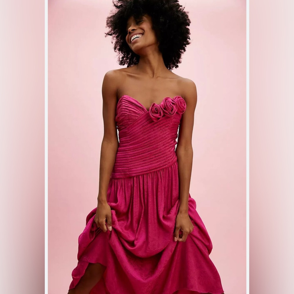Free People Hot Pink Strapless Midi Dress with Rosette Detail